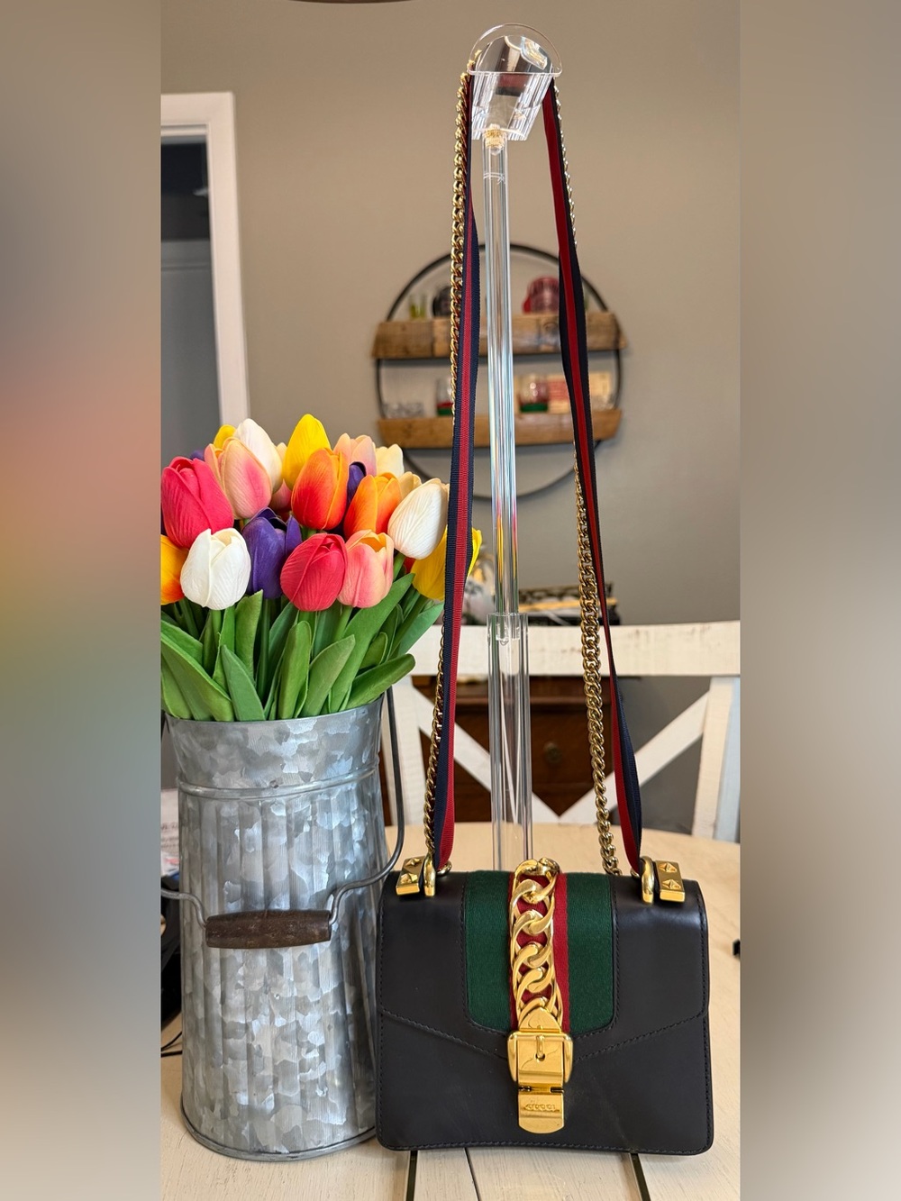 *COA* Excellent Gucci Sylvie Mini Black Leather Chain Shoulder Bag with Dust Bag